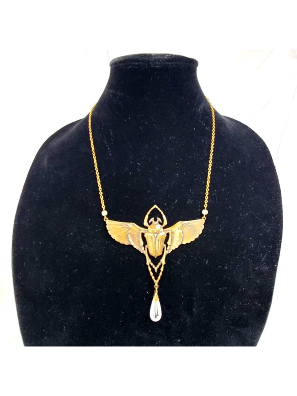 Vintage Brass Scarab Beetle Pendant Necklace Egyptian Revival jewelry 21"